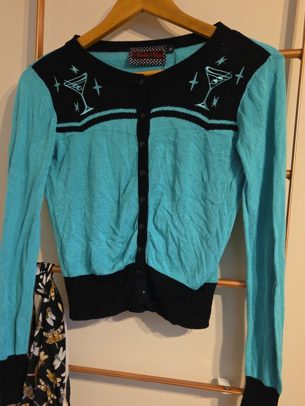 Voodoo Vixen Aqua and Black Martini Motif Button-Front Cardigan